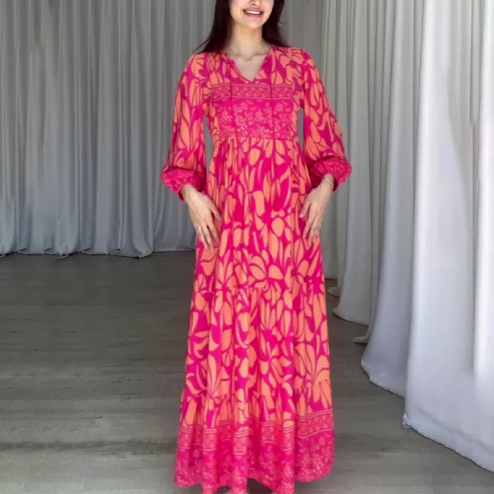 Women's Bohemian V-neck Lantern Sleeve Printed High Waist Retro Slim Long Dress