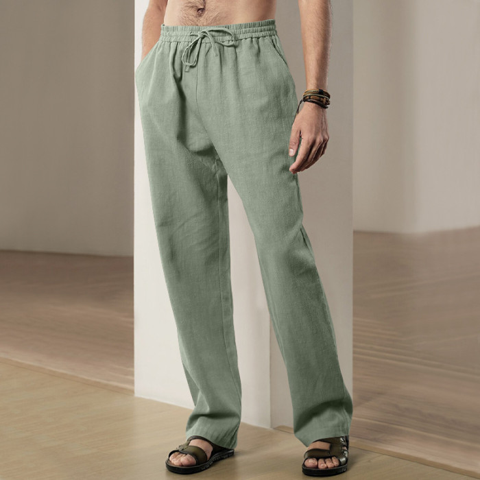 Men's Fashion Cotton Soft Drawstring Elastic Casual Breathable Solid Color Straight Pants