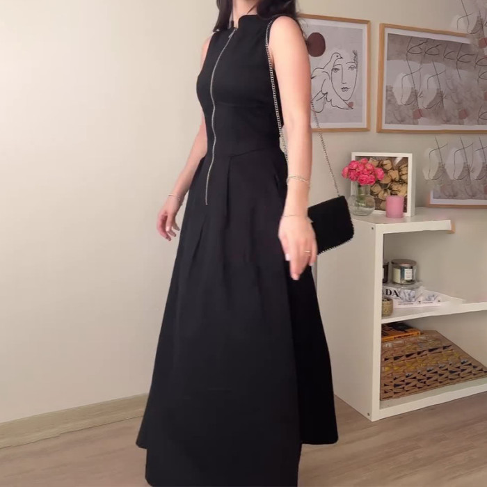 Elegant Solid Color Fashion Stand Collar Zipper Sleeveless Party High Waist Maxi Dress