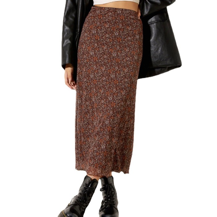 Fashion Flower Print Elastic High Waist Hip-wrapped Mesh A-Line Skirt