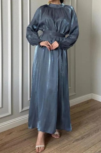 Solid Color Fashion Women's Round Neck Lantern Sleeve High Waist Elegant Party Waist Slim Long Dress