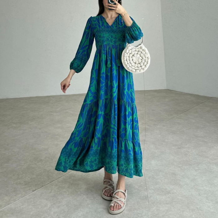 Women's Bohemian V-neck Lantern Sleeve Printed High Waist Retro Slim Long Dress