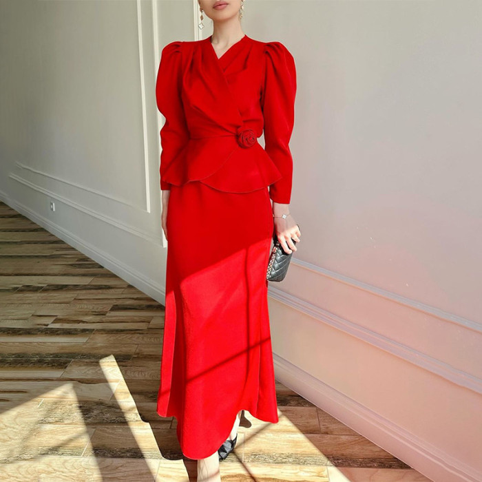 Fashion V-neck Cross Velvet Flower Lace-up Temperament Long Sleeve Lotus Leaf Hem Suit
