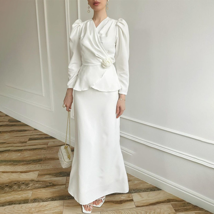 Fashion V-neck Cross Velvet Flower Lace-up Temperament Long Sleeve Lotus Leaf Hem Suit