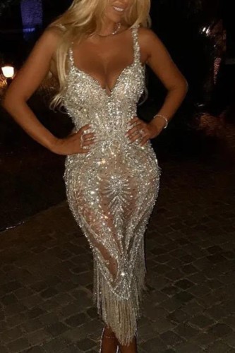 Fashion Women's Deep V Long Sleeve Sequin Party Elegant Bodycon  Evening Dresses