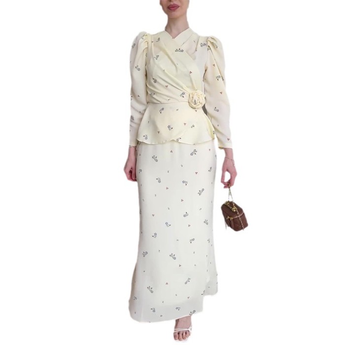 Fashion V-neck Cross Velvet Flower Lace-up Temperament Suit Dress Long Sleeve Lotus Leaf Skirt