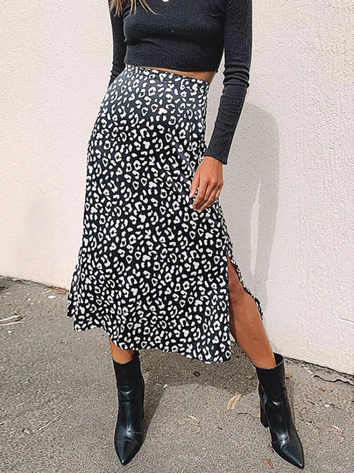 Sexy Leopard Print Slit Casual Fashion Zipper Elegant Skirt