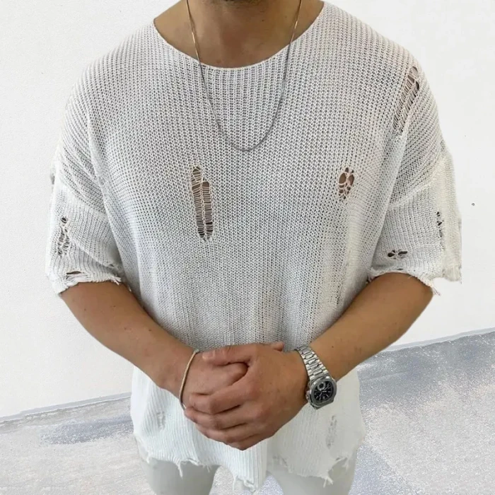 Men's Fashion Sweater Knitted Cardigan Ripped Loose Knitted Casual Pullover