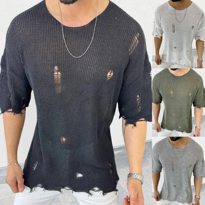 Men's Fashion Sweater Knitted Cardigan Ripped Loose Knitted Casual Pullover