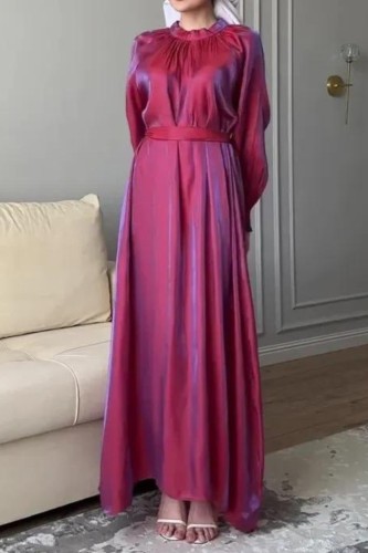 Fashion Solid Color Round Neck Streamer Lantern Sleeve High Waist Temperament Waist Long Dress