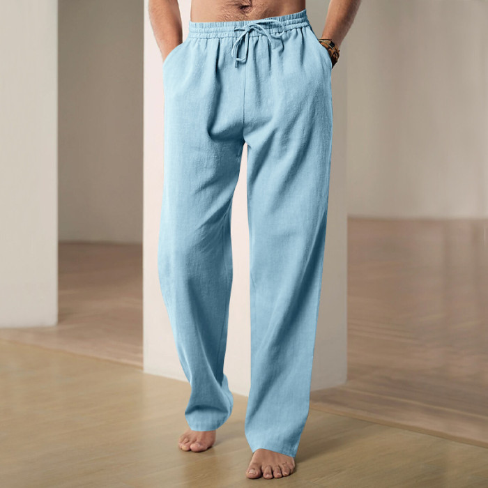 Men's Fashion Cotton Soft Drawstring Elastic Casual Breathable Solid Color Straight Pants