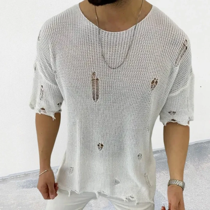 Men's Fashion Sweater Knitted Cardigan Ripped Loose Knitted Casual Pullover
