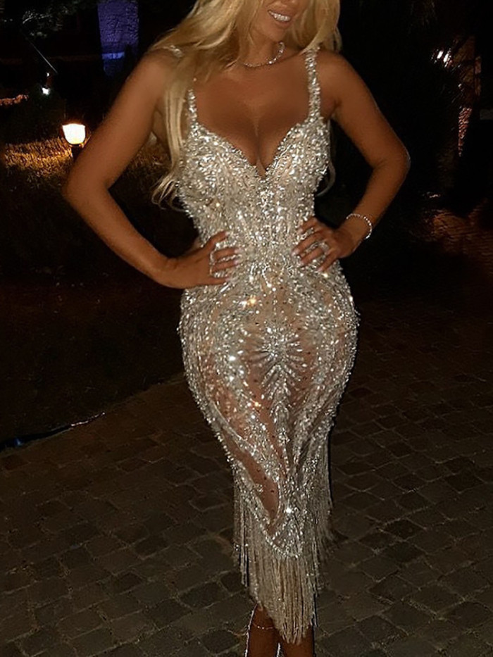 Fashion Women's Deep V Long Sleeve Sequin Party Elegant Bodycon  Evening Dresses