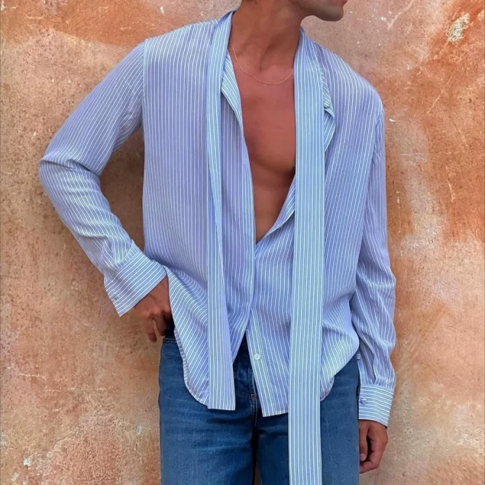New Men's Striped Shirt Single Breasted Lapel Long Sleeved Loose Top Fashion Men's Clothing