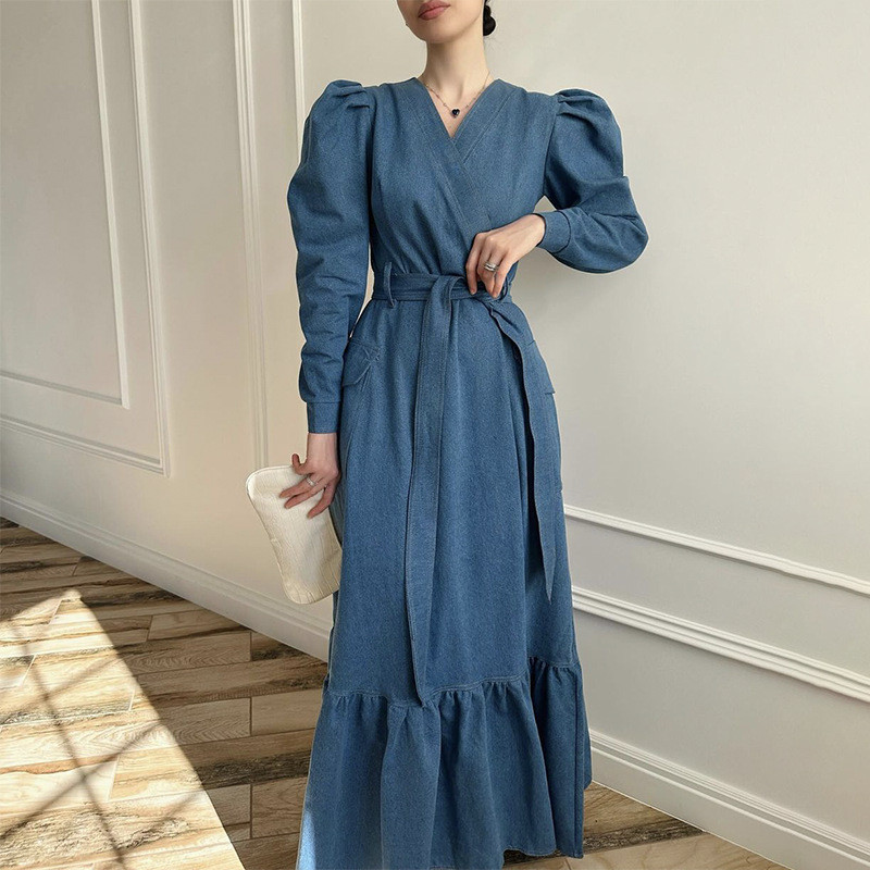 Fashion Retro Cross Overlay Tie Puff Sleeve Lace-up High Waist Elegant Dress