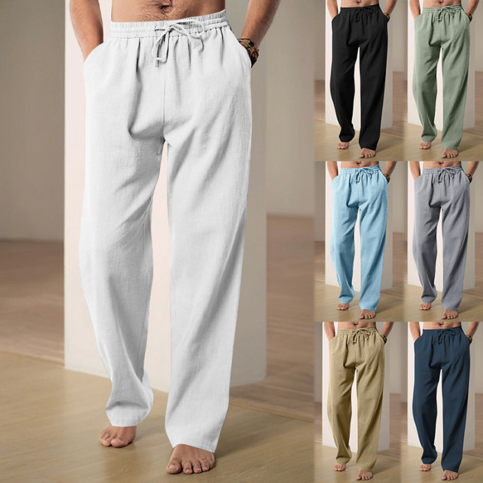 Men's Fashion Cotton Soft Drawstring Elastic Casual Breathable Solid Color Straight Pants