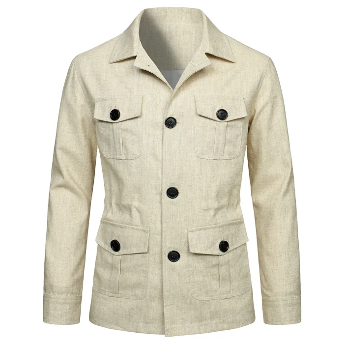 Men's Jacket Linen Vintage Gentleman Suit Pocket Jacket Fashion Solid Color Tops