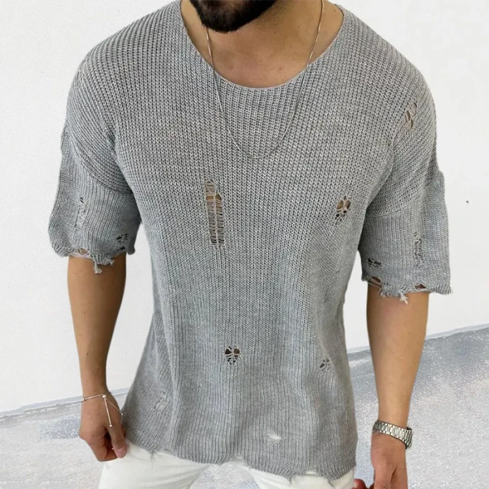 Men's Fashion Sweater Knitted Cardigan Ripped Loose Knitted Casual Pullover