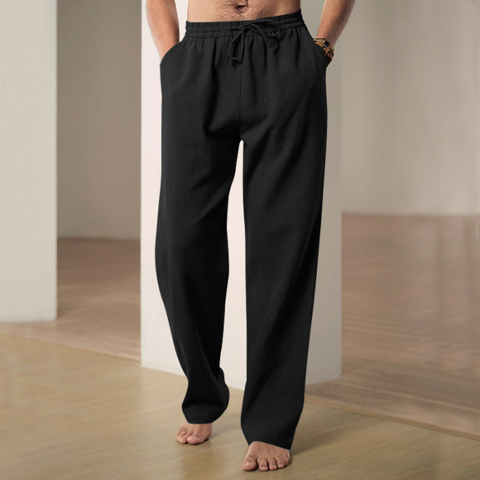 Men's Fashion Cotton Soft Drawstring Elastic Casual Breathable Solid Color Straight Pants