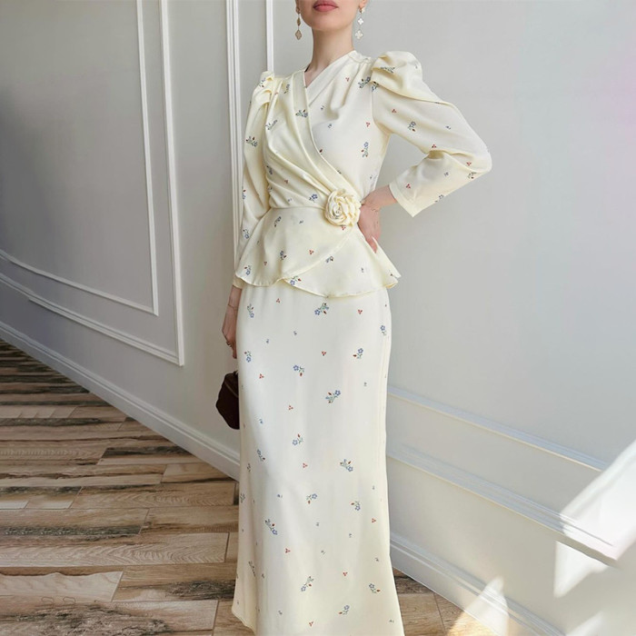 Fashion V-neck Cross Velvet Flower Lace-up Temperament Suit Dress Long Sleeve Lotus Leaf Skirt