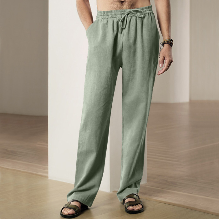 Men's Fashion Cotton Soft Drawstring Elastic Casual Breathable Solid Color Straight Pants