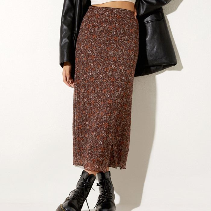 Fashion Flower Print Elastic High Waist Hip-wrapped Mesh A-Line Skirt