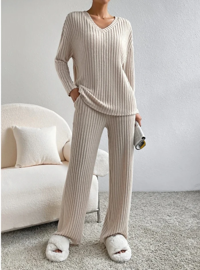 Fashion Casual Straight Pants Temperament Loose V-neck Pit-stripe Knitting Two-piece Set