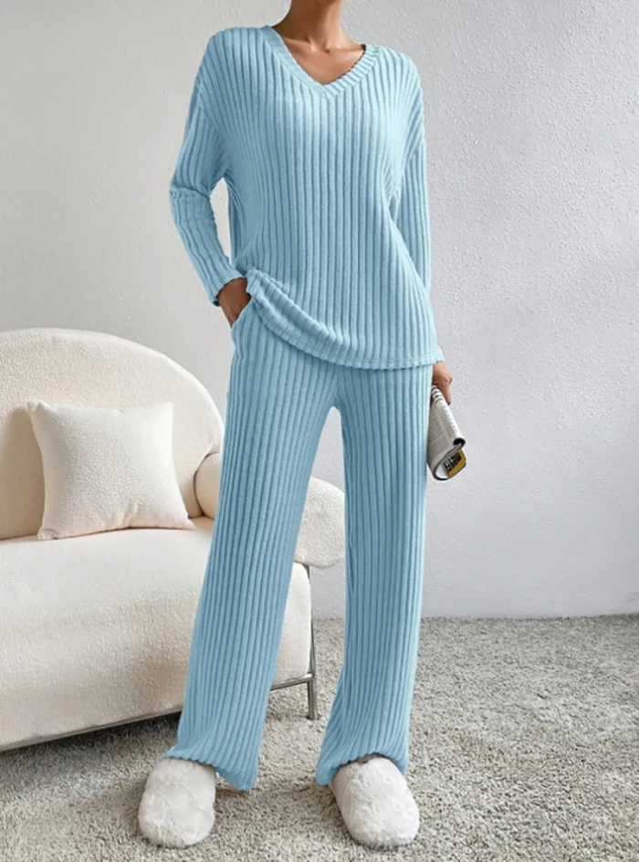 Fashion Casual Straight Pants Temperament Loose V-neck Pit-stripe Knitting Two-piece Set