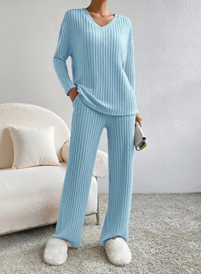 Fashion Casual Straight Pants Temperament Loose V-neck Pit-stripe Knitting Two-piece Set