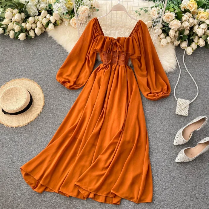 Women's Chic Elegant Square Neck Solid Color Chiffon Puff Sleeve Fashion Retro Ruffle Dress