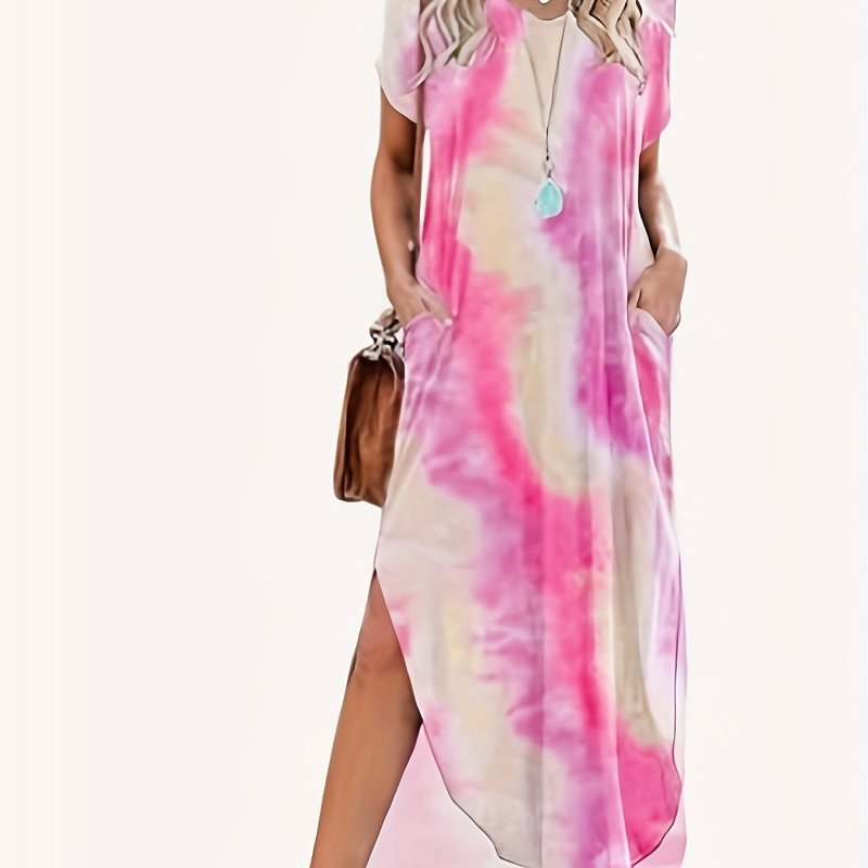 Tie Dye V Neck Maxi Dress, Elegant Short Sleeve Slit Side Loose Dress With Pocket, Women's Clothing