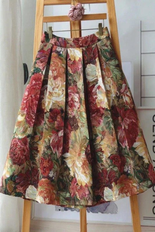 Women's Vintage A-Line Floral Print High Waist Pleated Elegant Chic Skirt