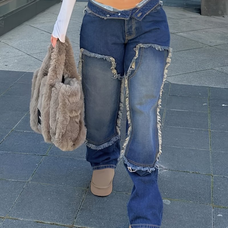 Raw Trim Detail Washed Blue Loose Fit Streetwear Jeans Denim Pants, Women's Denim Jeans & Clothing