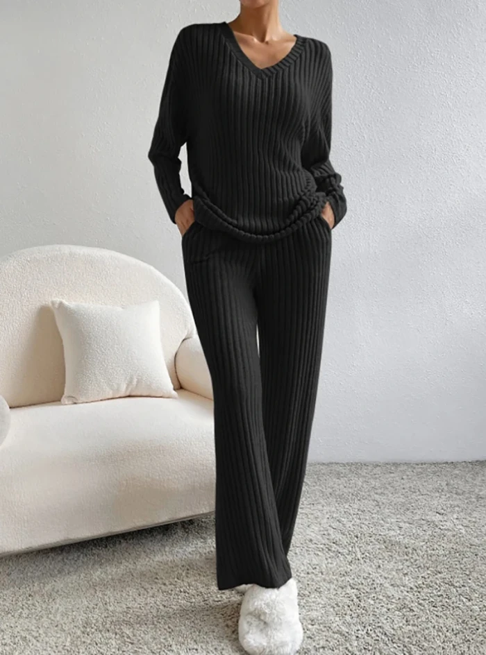 Fashion Casual Straight Pants Temperament Loose V-neck Pit-stripe Knitting Two-piece Set