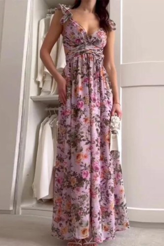 Fashion Print V-Neck High Waist Slim Fit Dresses with Slim Strap Floral Sleeveless