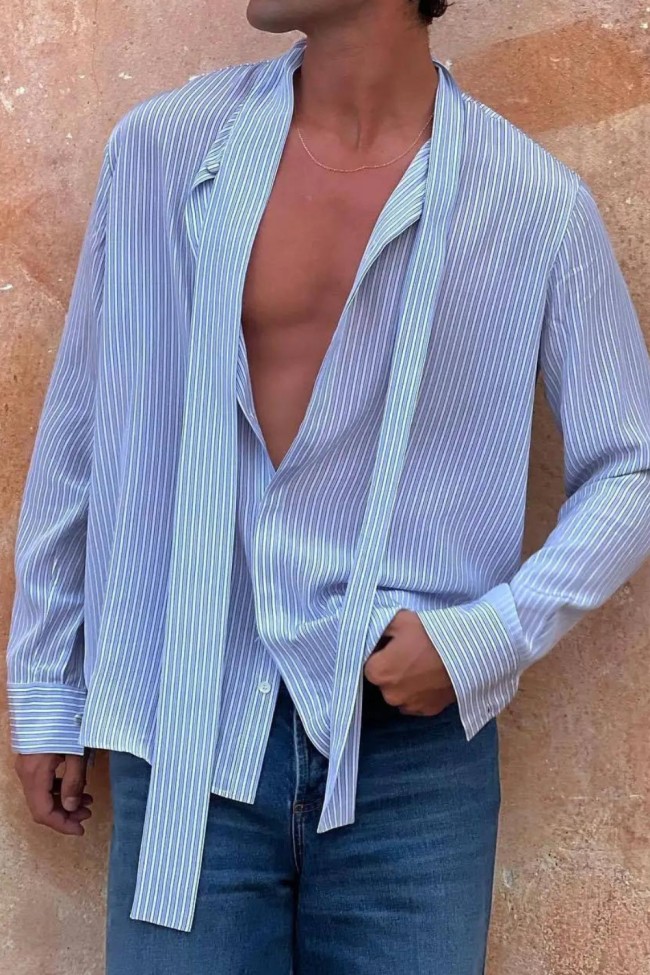 New Men's Striped Shirt Single Breasted Lapel Long Sleeved Loose Top Fashion Men's Clothing