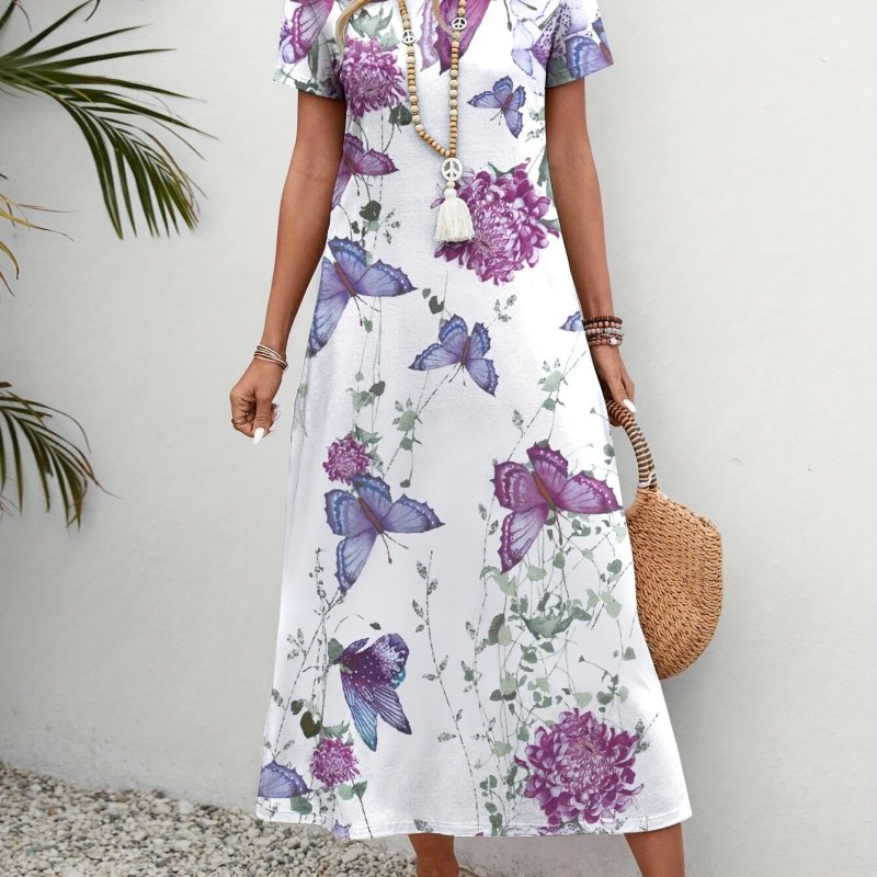 Butterfly Print Crew Neck Loose Dress, Vacation Short Sleeve Dress For Spring & Summer, Women's Clothing