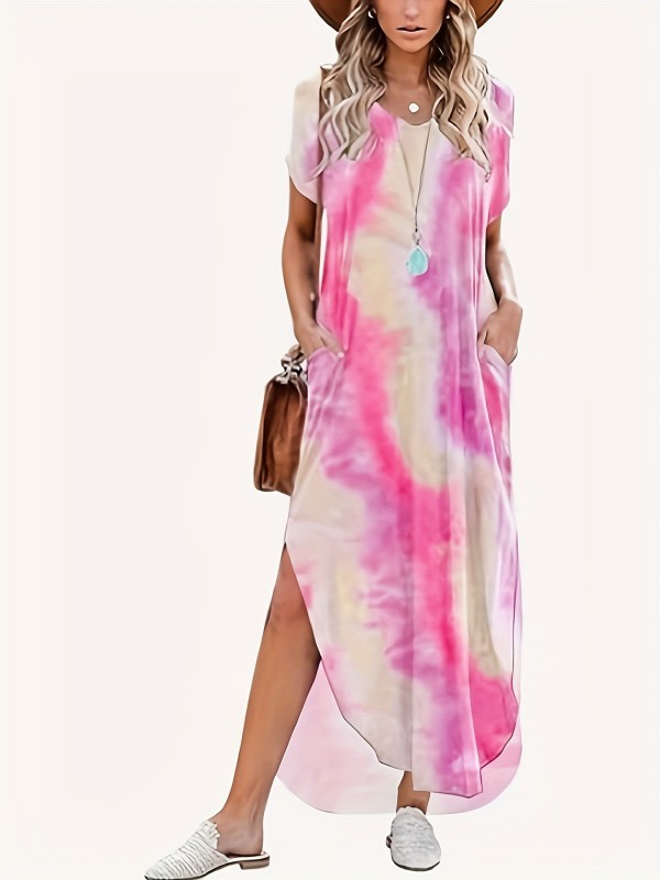 Tie Dye V Neck Maxi Dress, Elegant Short Sleeve Slit Side Loose Dress With Pocket, Women's Clothing