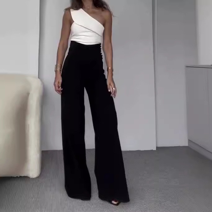 Fashion One Shoulder Slant Collar Slim Fit Top High Waist Wide Leg Pants Color Block Suit