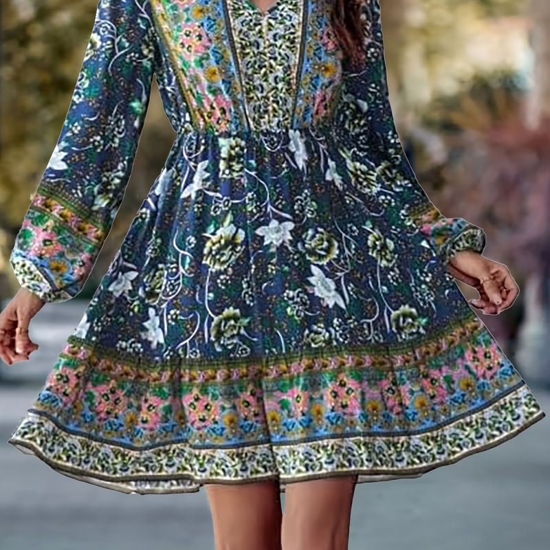 Plus Size Floral Print Dress, Casual V Neck Long Sleeve Dress, Women's Plus Size Clothing