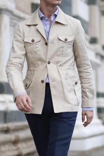 Men's Jacket Linen Vintage Gentleman Suit Pocket Jacket Fashion Solid Color Tops