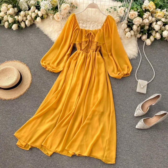 Women's Chic Elegant Square Neck Solid Color Chiffon Puff Sleeve Fashion Retro Ruffle Dress