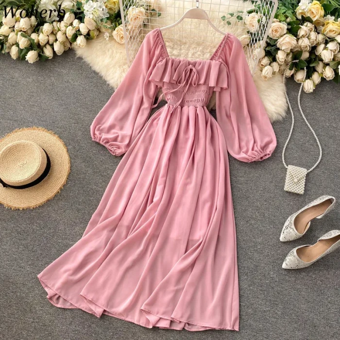 Women's Chic Elegant Square Neck Solid Color Chiffon Puff Sleeve Fashion Retro Ruffle Dress