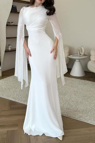 Solid Color Fashion Round Neck Long Sleeve Party Sexy High Waist Maxi Dress