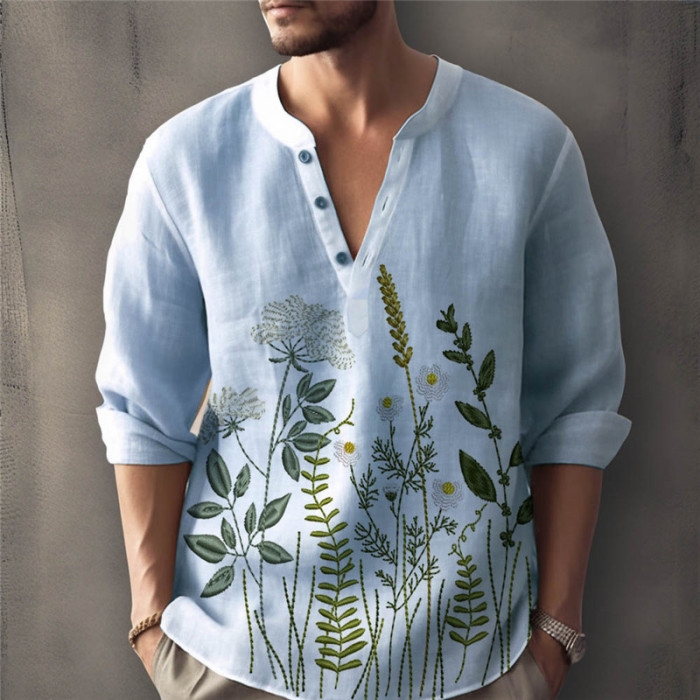 Men's Artistic Floral Cotton Linen Long Sleeve Shirt
