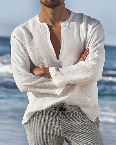 Men's Resort Style Solid Deep V Soft Cotton Top