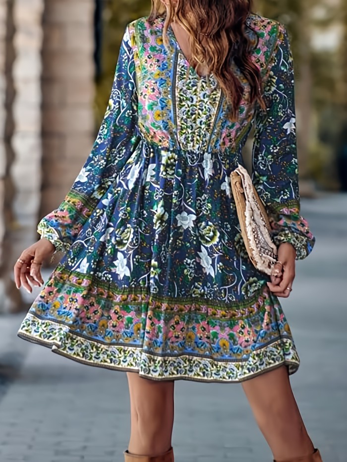 Plus Size Floral Print Dress, Casual V Neck Long Sleeve Dress, Women's Plus Size Clothing