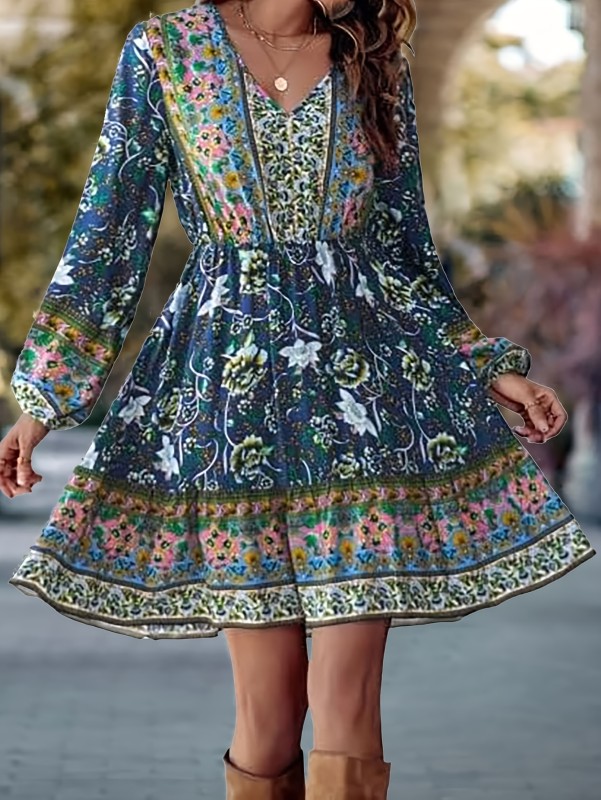 Plus Size Floral Print Dress, Casual V Neck Long Sleeve Dress, Women's Plus Size Clothing