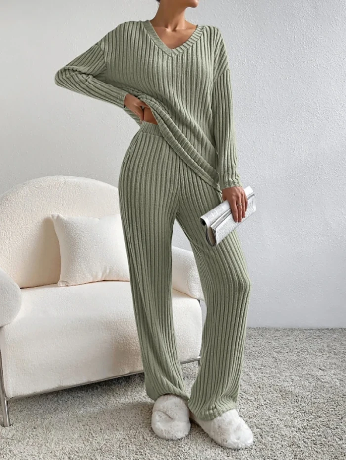Fashion Casual Straight Pants Temperament Loose V-neck Pit-stripe Knitting Two-piece Set