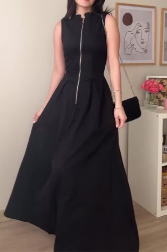 Elegant Solid Color Fashion Stand Collar Zipper Sleeveless Party High Waist Maxi Dress